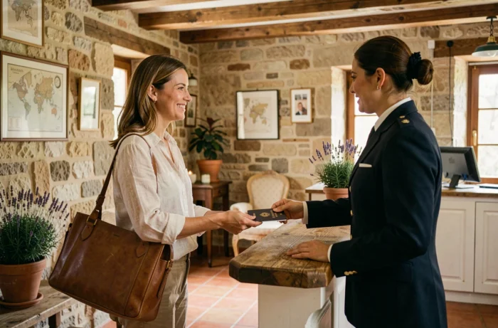 Femme voyageuse à la réception d'un hôtel boutique français en Provence, remettant son passeport au concierge