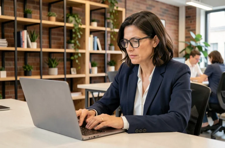 Femme professionnelle cherchant l'adresse principale d'une entreprise sur son ordinateur portable dans un espace de coworking moderne