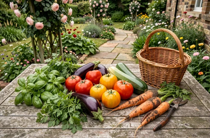 Récolte abondante de légumes frais du potager disposés sur une table en bois dans un jardin cottage en été