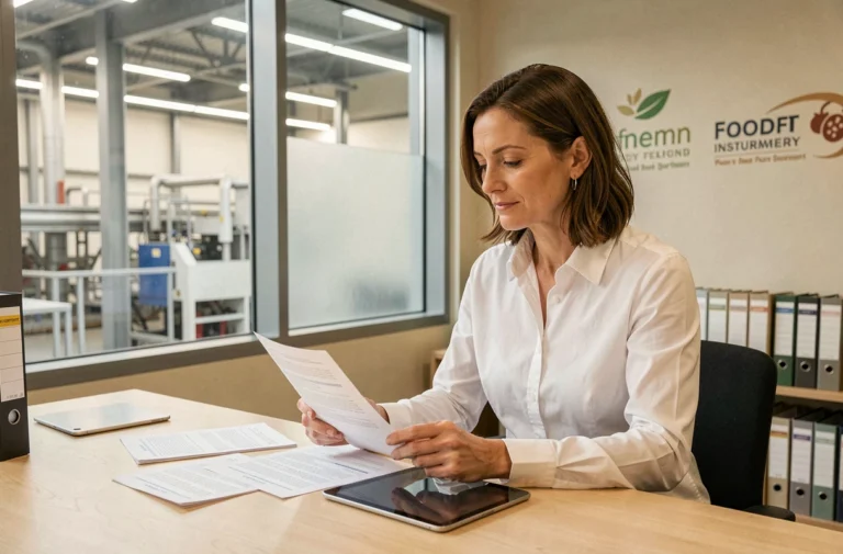 Responsable RH dans l'agroalimentaire examinant des candidatures sur tablette et documents papier dans un bureau moderne