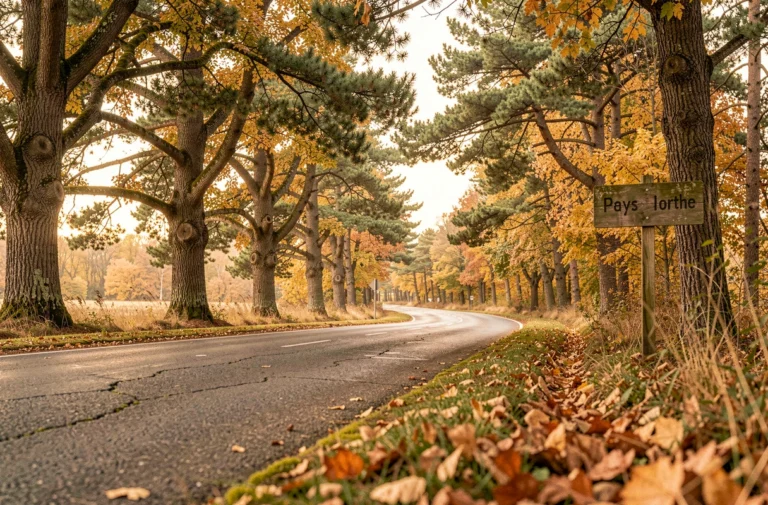 Route sinueuse bordée de chênes et de pins dans le Pays d'Orthe, Landes, en automne