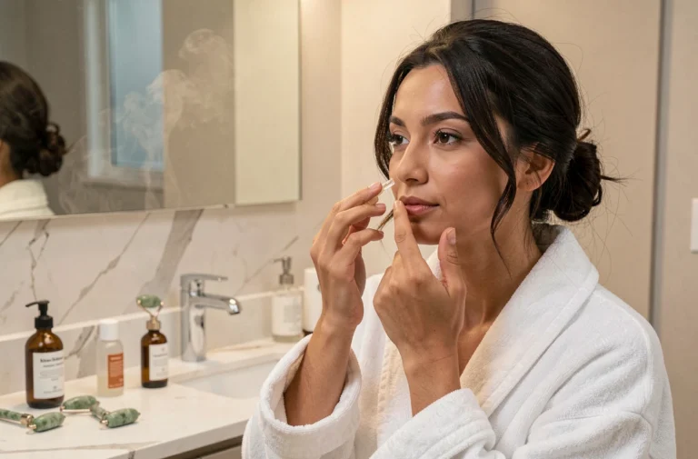 Femme appliquant un sérum visage dans une salle de bain minimaliste en marbre blanc, routine beauté quotidienne