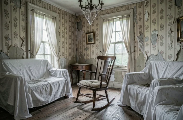 Vieille salle de séjour victorienne abandonnée avec une chaise à bascule déplacée et des meubles recouverts de draps blancs, atmosphère de maison hantée