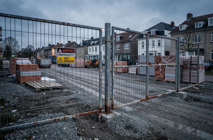 Chantier sécurisé avec grillage métallique anti-intrusion et cadenas sur le portail pour protéger contre le vol