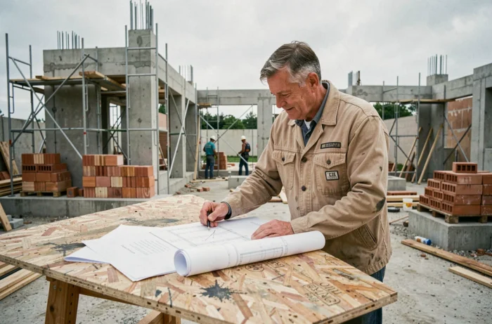 Conducteur de travaux consultant des plans sur un chantier résidentiel actif entouré d'échafaudages et de matériaux de construction
