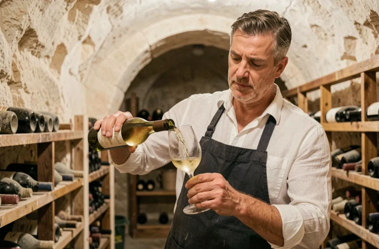 Sommelier versant un vin blanc Vouvray de la Maison Philippe Brédif dans une cave tuffeau historique en Touraine