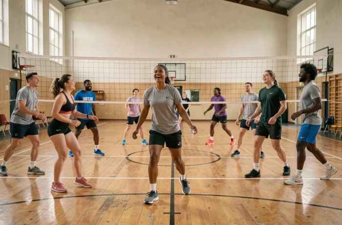 Groupe intergénérationnel et multiculturel jouant au volley-ball dans une salle communautaire, incarnant l'inclusion sociale et la cohésion par le sport