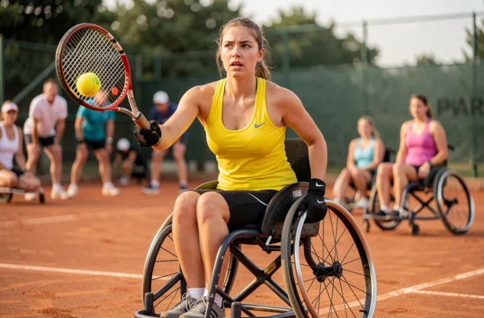 Jeune femme en fauteuil roulant jouant au tennis sur terre battue dans un club inclusif, symbole de l'inclusion sociale par le sport
