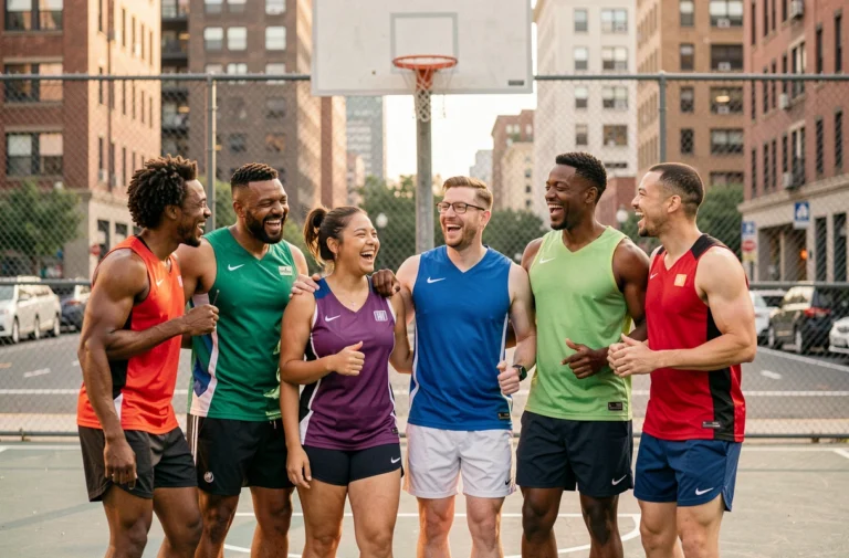 Groupe multiculturel d'adultes célébrant ensemble sur un terrain de basket urbain, illustrant la solidarité par le sport
