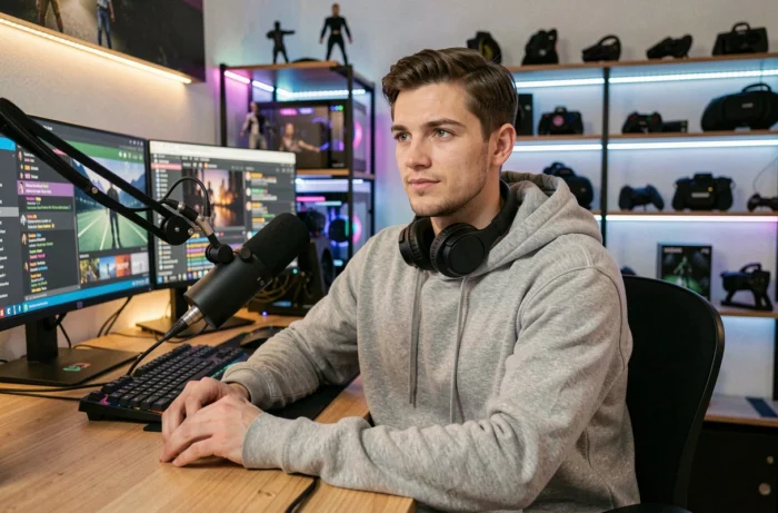 Jeune homme streamer assis devant ses écrans affichant un chat en direct avec l'abréviation HDTS dans le streaming
