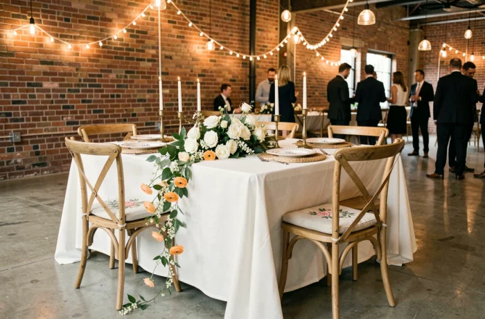 Table des mariés décorée d'une guirlande florale de roses et renoncules dans un loft moderne aux murs en briques