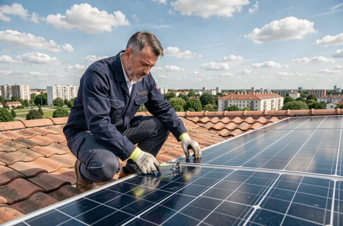 Technicien inspectant des panneaux solaires sur un toit en milieu urbain européen