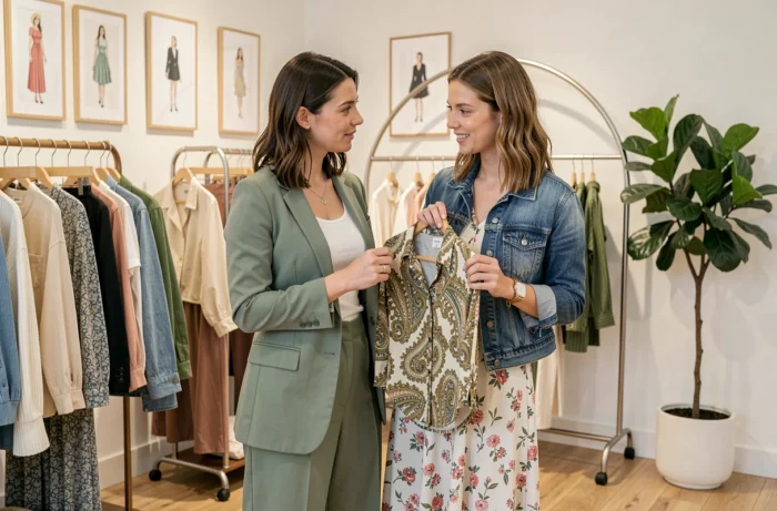 Deux femmes tendance consultant des vêtements dans une boutique de mode lumineuse et bien décorée, inspirations looks saisonniers
