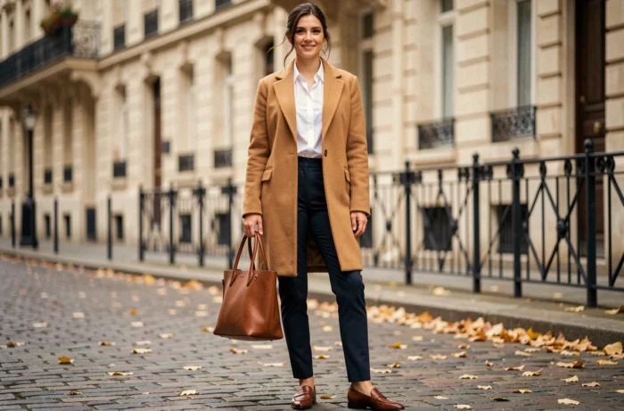 Femme élégante en manteau camel et blouse blanche dans une rue pavée parisienne en automne, look tendance mode urbaine