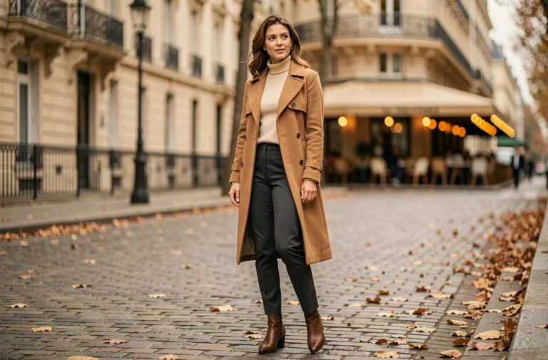Femme élégante en trench coat camel et bottines sur une rue pavée parisienne en automne, tendances mode saison