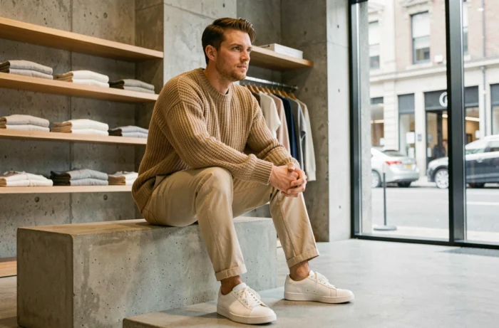 Homme en pull oversize beige assis dans un concept store minimaliste, style mode décontracté tendance automne-hiver