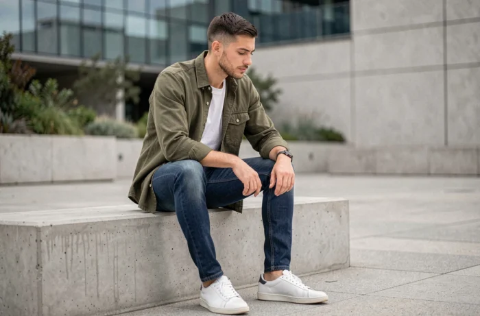 Homme stylé en overshirt olive et jean brut assis dans un espace urbain moderne, mode masculine tendance saison