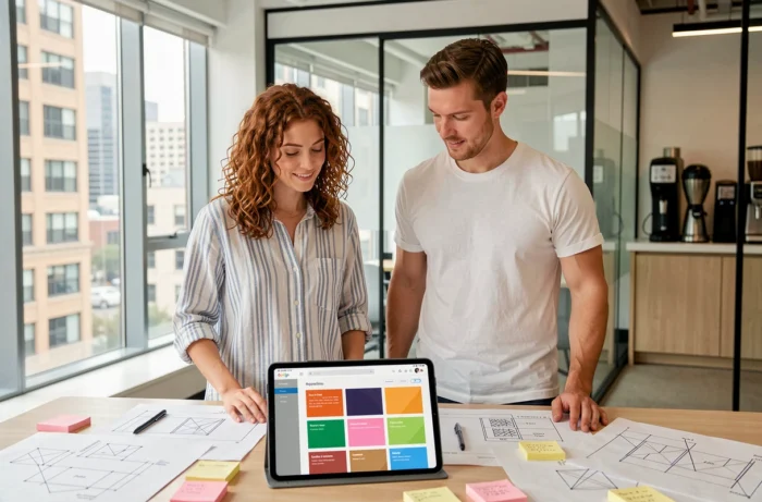Deux professionnels du numérique collaborant sur les tendances web actuelles dans un espace de coworking urbain