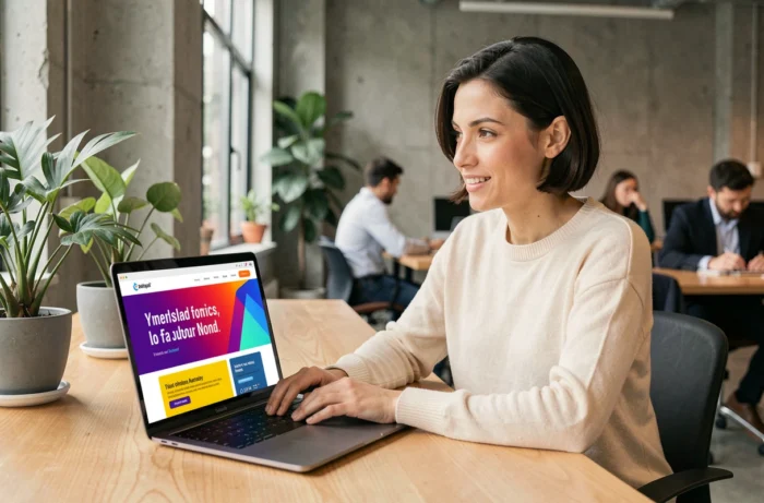 Développeuse web explorant les dernières tendances de design UI sur son ordinateur portable dans un bureau moderne