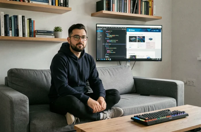 Développeur indépendant analysant des tendances web et du code sur un grand écran dans son bureau à domicile