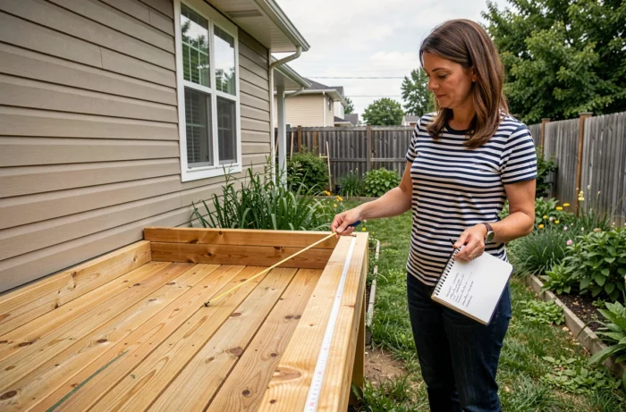 Femme mesurant une terrasse en bois accolée à une maison pour vérifier la surface autorisée sans permis