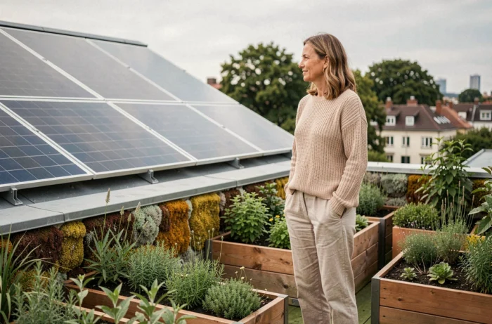 Femme sur le toit végétalisé d'une maison écologique moderne avec panneaux solaires et jardin de plantes aromatiques