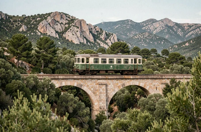 Train régional corse traversant un viaduc en pierre dans la montagne entre Ajaccio et Bastia