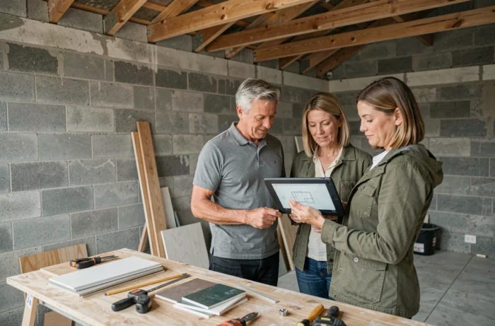 Couple supervisant les travaux d'agrandissement intérieur d'une maison dans le cadre des surfaces exemptées de permis de construire