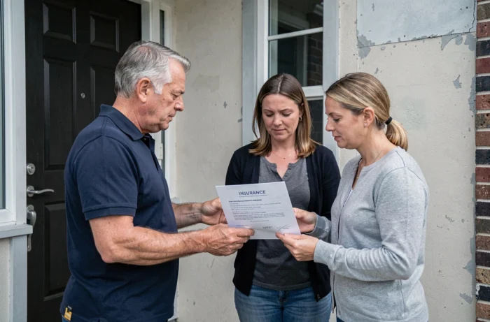 Artisan remettant son attestation d'assurance décennale à un couple de propriétaires devant leur maison en rénovation
