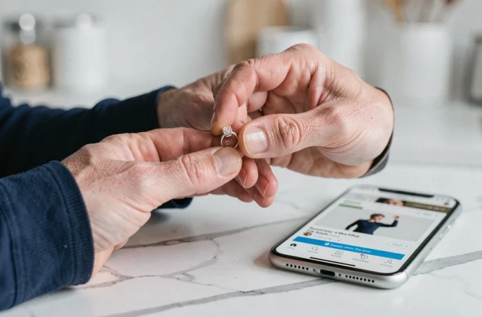 Homme inspectant de près un anneau en argent avec poinçon pour vérifier son authenticité avant un achat en ligne