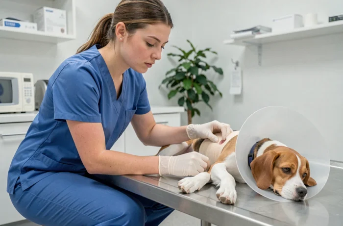 Vétérinaire examinant un beagle après une opération de stérilisation dans une clinique vétérinaire moderne