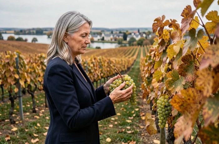 Femme élégante inspectant des raisins Chenin Blanc dans les vignes de la Maison Philippe Brédif en Touraine à l'automne