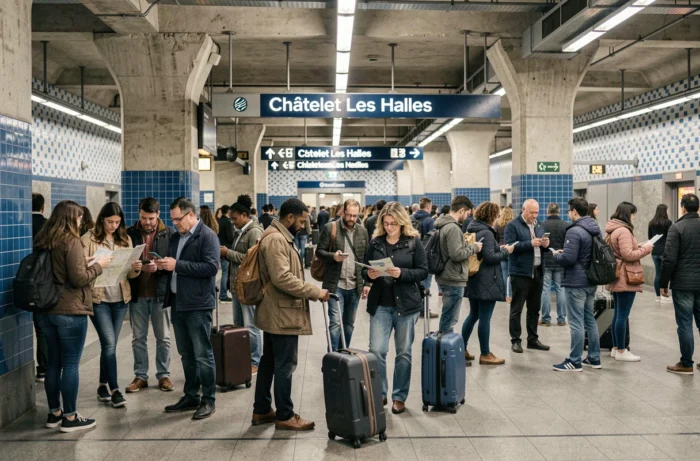 Voyageurs et touristes dans la grande salle d'échange souterraine de Châtelet Les Halles pendant l'heure de pointe