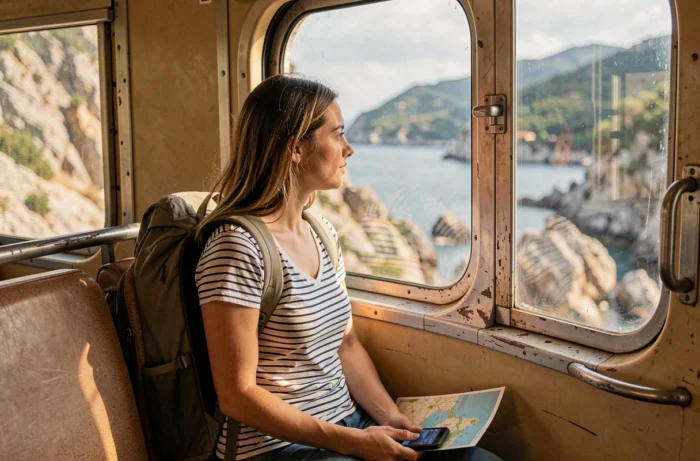 Voyageuse dans un train régional corse regardant le paysage par la fenêtre lors du trajet Ajaccio Bastia