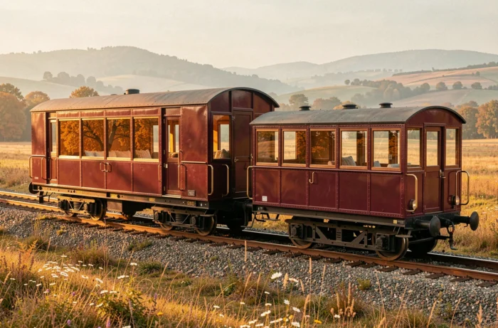 Wagon de train vintage converti en hébergement boutique unique dans une prairie automnale, hôtel insolite sur voie ferrée